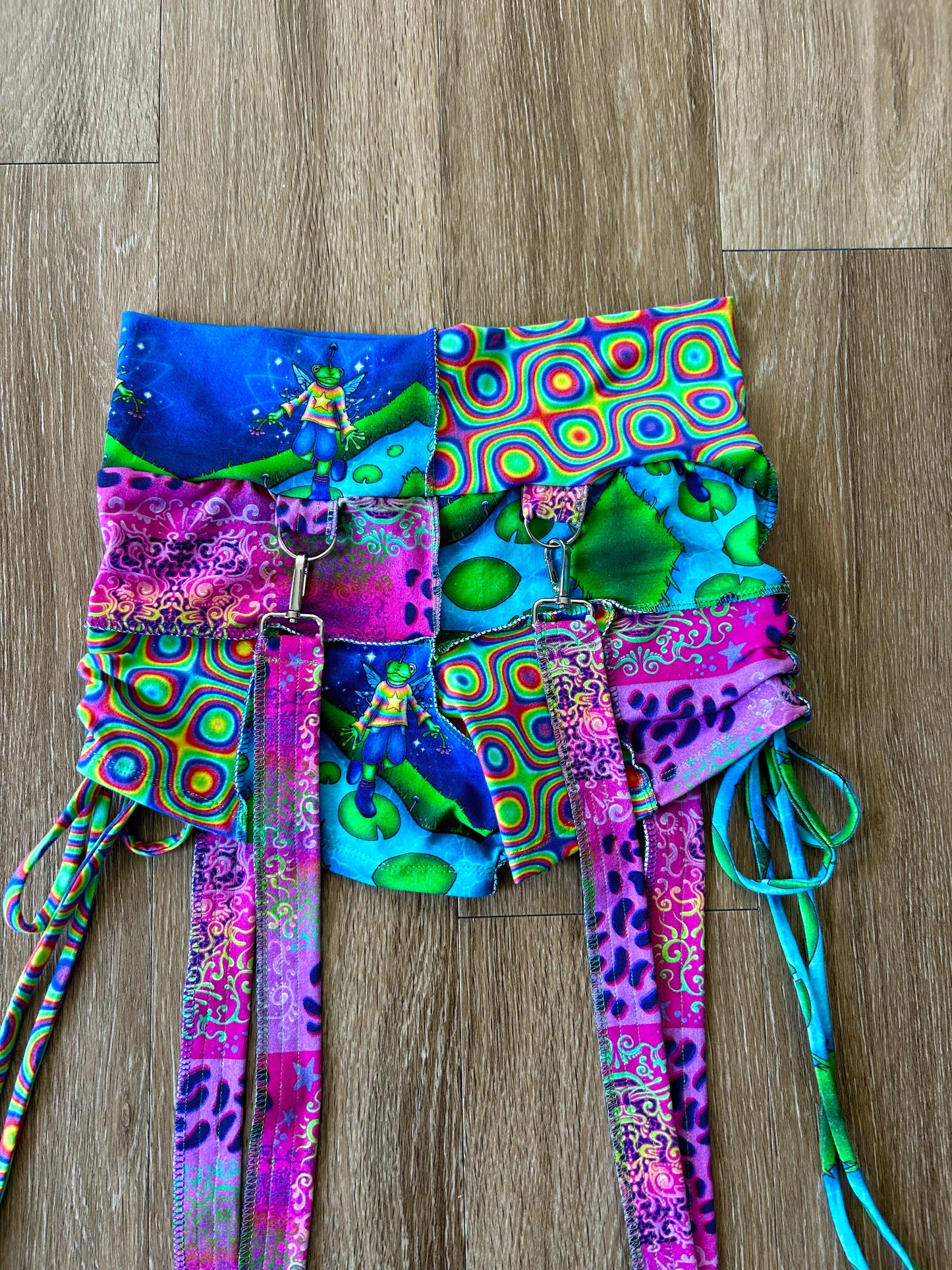Patchwork Side-Cinched Suspender Shorts (S)
