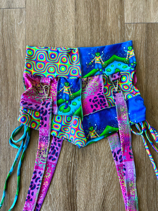 Patchwork Side-Cinched Suspender Shorts (S)