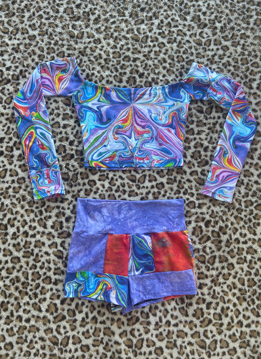 Off the Shoulder Top and Patchwork Shorts