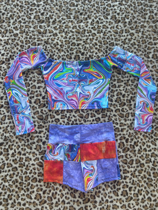 Off the Shoulder Top and Patchwork Shorts